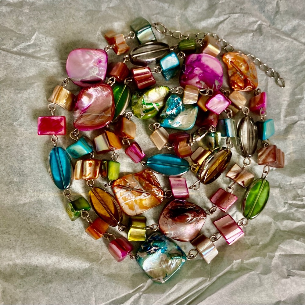 Boho Shell & Glass Beaded Necklace 40" Long